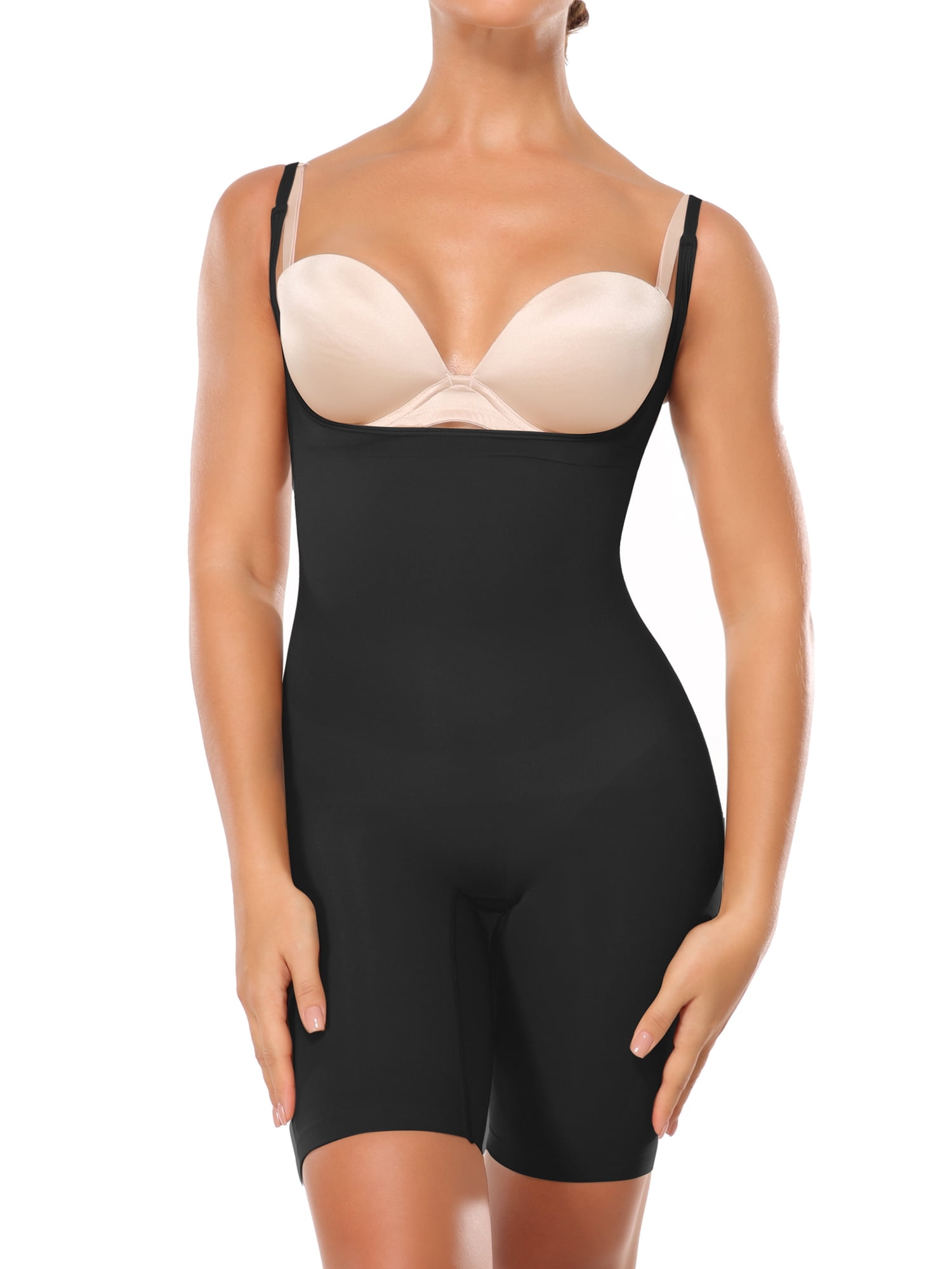 VASLANDA Women Seamless Target Firm Tummy Control Waist Trainer Shapewear Bodysuit Open Bust Mid Thigh Full Body Shaper for Dresses