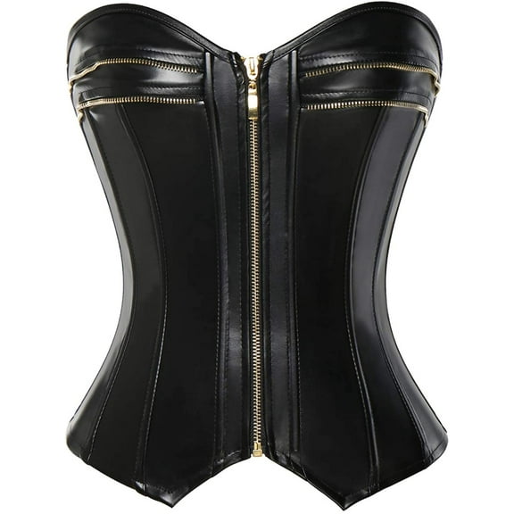 VASLANDA Womens Sexy PU Steampunk Corset Faux Leather Buckle Zipper Bustier Top Plus Size