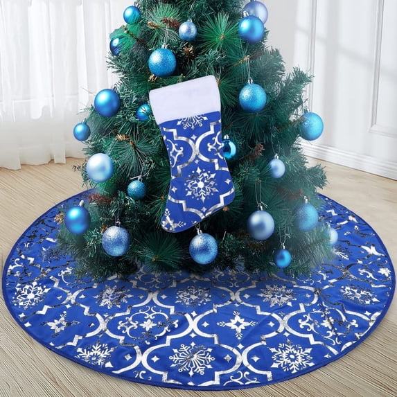 TEAMD 48" Christmas Tree Skirt and Socks Set Blue Xmas Tree Skirt with Silver Snowflake Sequin for Merry Christmas Party Ornaments and Holiday Decorations