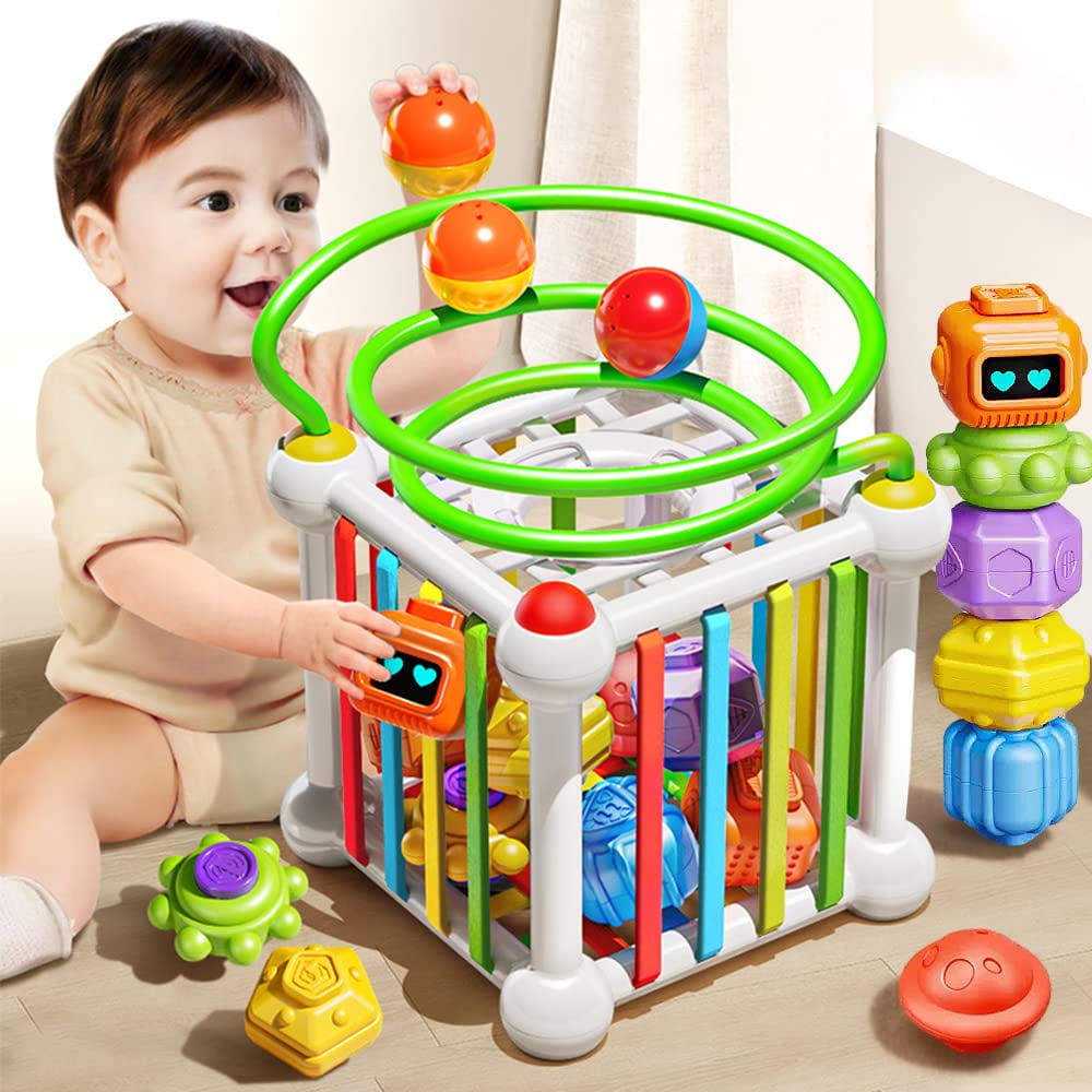 VATOS Baby Montessori Shape Sorter Blocks Toys, Activity Cube with
