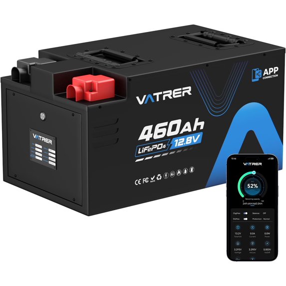 VATRER POWER 12.8V 460Ah Low Temp Cutoff LiFePO4 RV Battery, APP Monitoring, Built-in 250A BMS, Max. 3200W Load Power, 5880Wh Usable Energy, 5000+ Cycles Lithium Battery, Perfect for RV, Motorhomes