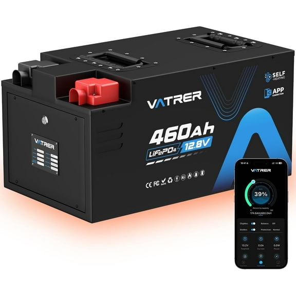 VATRER POWER 12.8V 460Ah Self-Heating LiFePO4 RV Battery, APP Monitoring, Built-in 300A BMS, Max. 3840W Load Power, 5880Wh Usable Energy, 5000+ Cycles Lithium Battery, Perfect for RV, Motorhomes