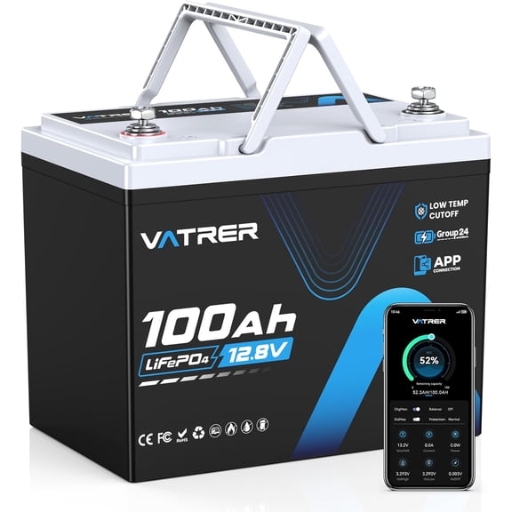 VATRERPOWER 12V 100Ah Group 24 Lithium Deep Cycle Battery, 150A BMS Rechargeable LiFePO4 Battery for Trolling Motor, RV, Boat, Home Energy Storage