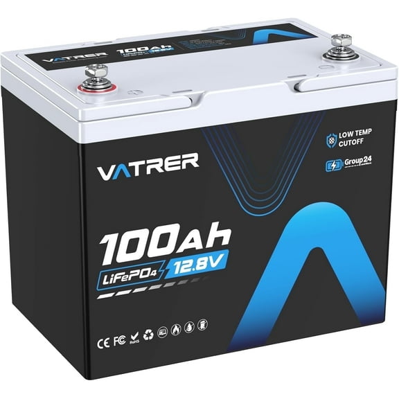 VATRERPOWER 12V 100Ah Group 24 Lithium Deep Cycle Battery, Low/High Temperature Cutoff Protection, 100A BMS Rechargeable LiFePO4 Battery for RVs Boat Home Energy Storage