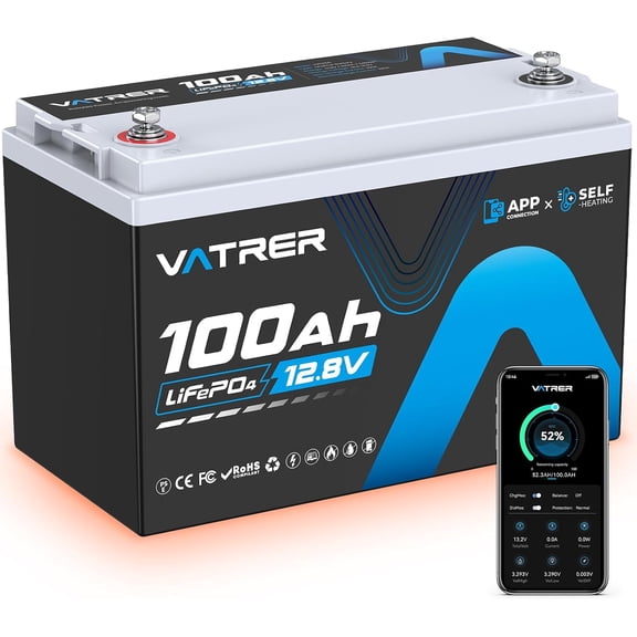 VATRER POWER 12V 100Ah Group 31 Lithium Deep Cycle Battery Self-Heating with APP Monitoring 100A BMS, LiFePO4 Lithium Battery, 5000+ Cycles for RV/Camper, Solar, and Off-Grid Applications