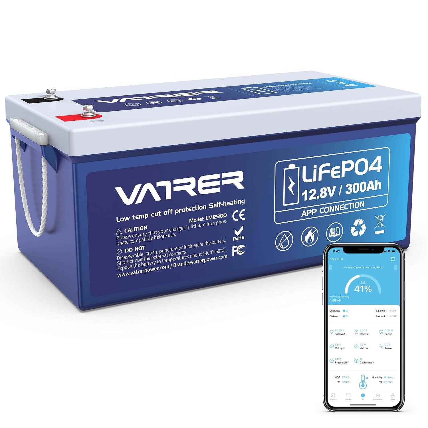 VATRER POWER 12V 300AH Power Battery with Self-Heating, Supports Low Temp Charging(-4°F), 5000+ Cycles, Built-in 200A BMS for RV and Off-Grid