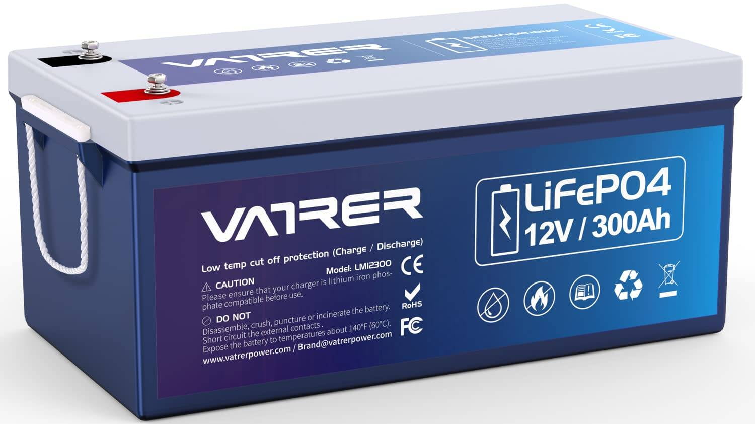 VATRER POWER 12V 300AH Low Temp Cutoff LiFePO4 Battery, Built in 200A ...