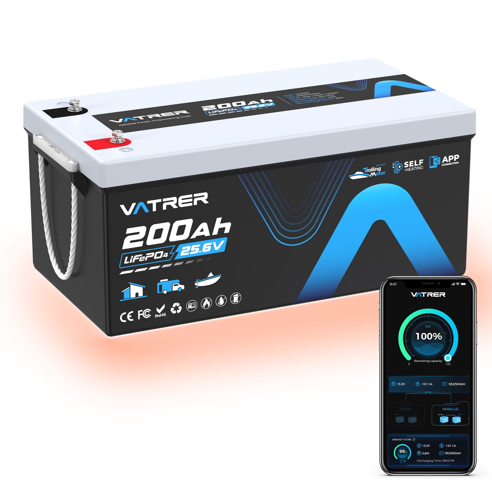 VATRER POWER 24V 200AH LiFePO4 Lithium Battery with Self-Heating, Built-in 200A BMS, Rechargeable Battery for RV Camper Solar, Off-Grid Setup, Backup