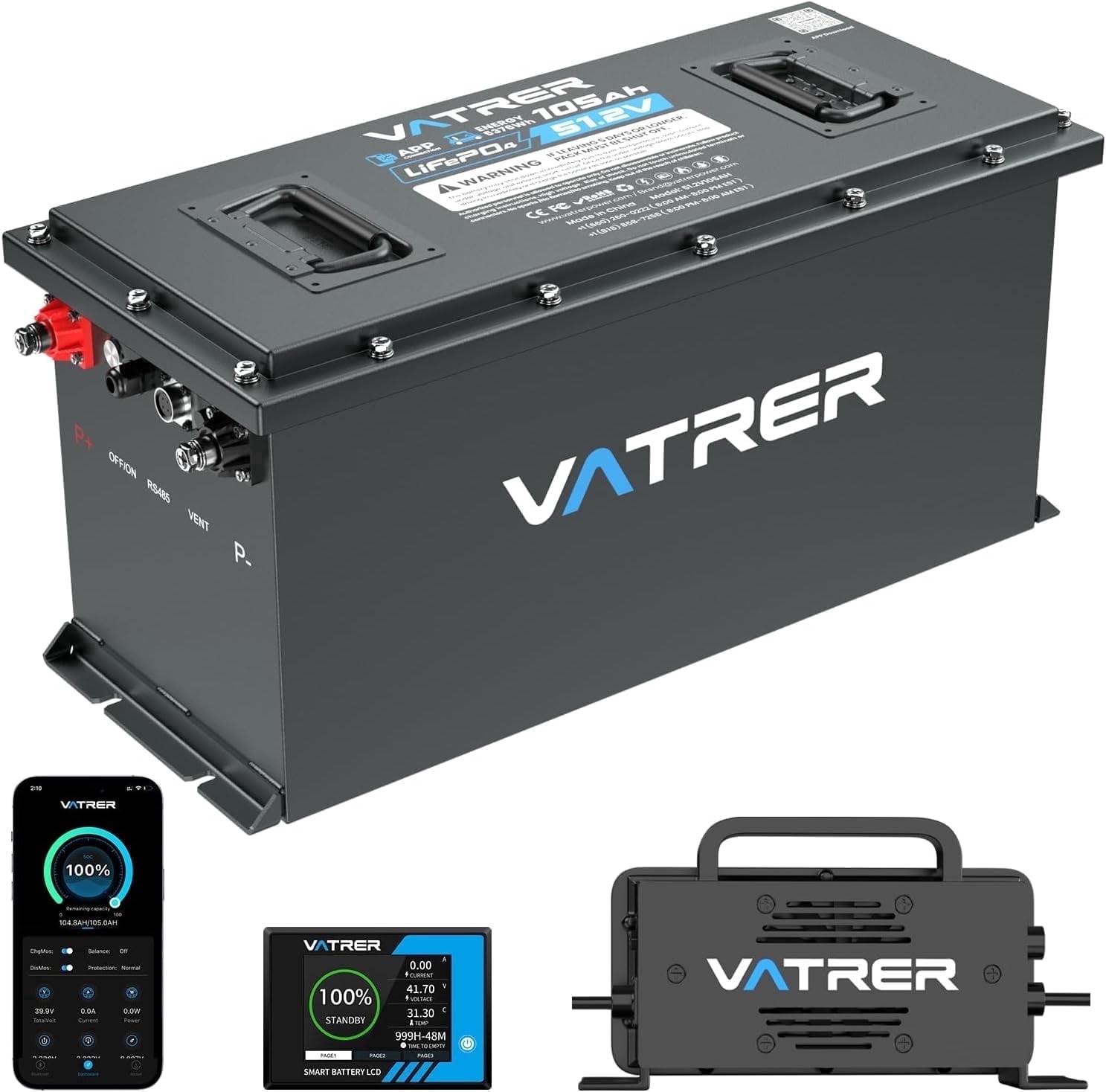VATRER POWER 48V 105Ah Narrow Lithium Golf Cart Battery, Built-in Smart 200A BMS, with Touch Monitor & APP, 4000+ Cycles LiFePO4 Battery, Max 10.24kW Power Output, 2C Discharge, Perfect for Golf Cart