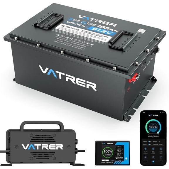 48V 105Ah Lithium Golf Cart Battery, Built-in Smart 200A BMS, with Touch Monitor & Mobile APP, 4000+ Cycles Rechargeable LiFePO4 Battery, Max 10.24kW Power Output, Perfect for Golf Carts