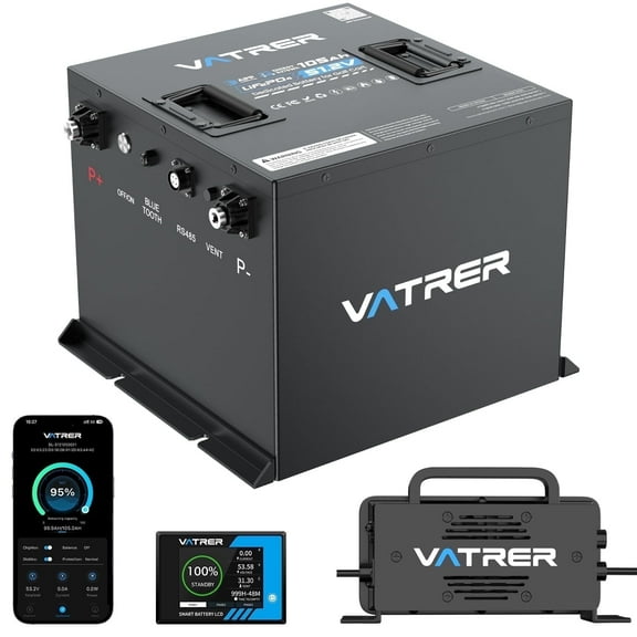 VATRER POWER 48V 105Ah Mini Lithium Golf Cart Battery with LCD Display, 4000+ Cycles LiFePO4 Battery with 20A Lithium Charger, Perfect for Golf Carts