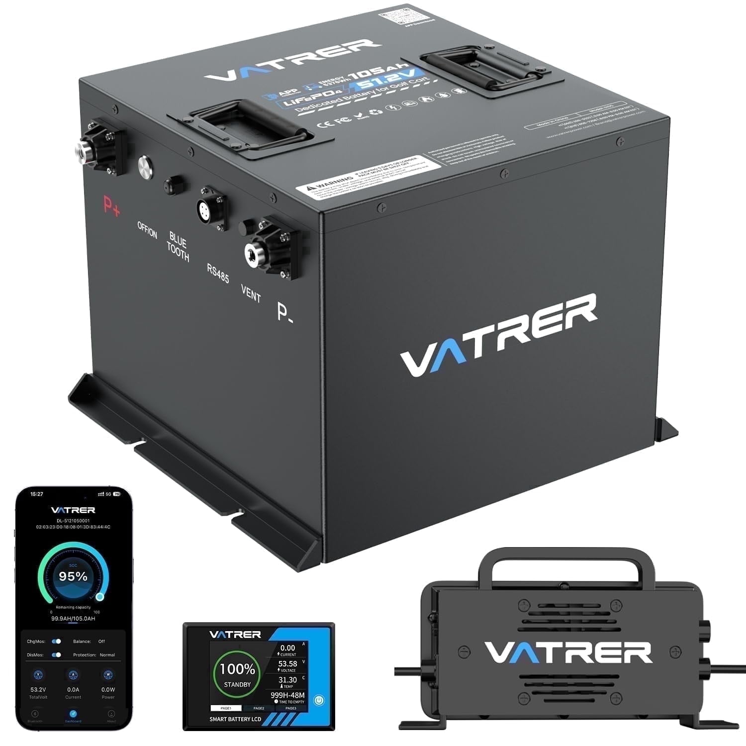 VATRER POWER 48V 105Ah Mini Lithium Golf Cart Battery 200A BMS with Touch Monitor & APP, 4000+ Cycles LiFePO4 Battery with 20A Lithium Charger, Perfect for Golf Carts