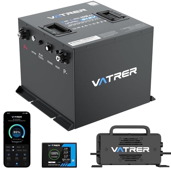 VATRER POWER 48V 105Ah Mini Lithium Golf Cart Battery 200A BMS with Touch Monitor & APP, 4000+ Cycles LiFePO4 Battery with 20A Lithium Charger, Perfect for Golf Carts