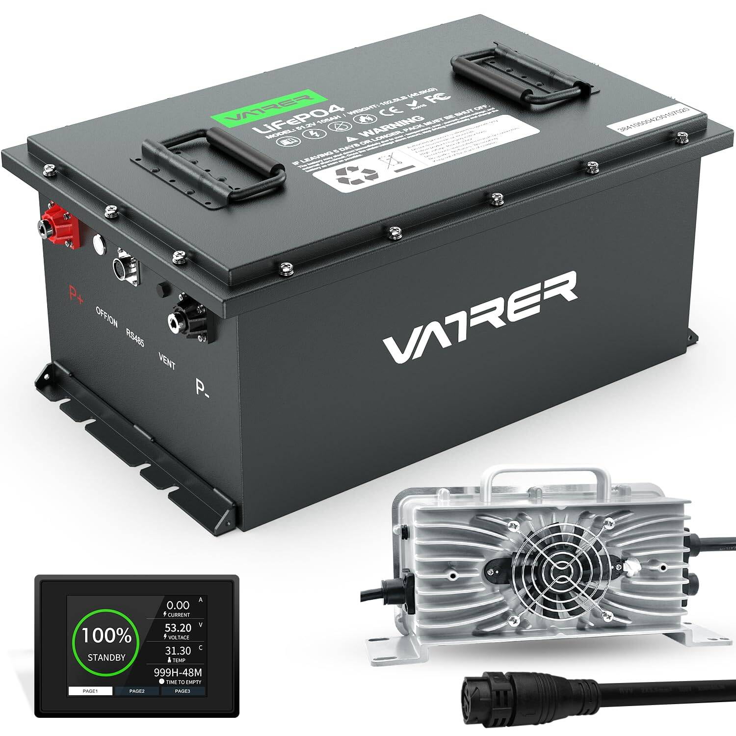 VATRER POWER 48V 105Ah Self-Heating Lithium Golf Cart Battery, Built-in Smart 200A BMS, with Touch Monitor & Mobile APP, 4000+ Cycles LiFePO4 Battery, Max 10.24kW Power Output, Perfect for Golf Carts