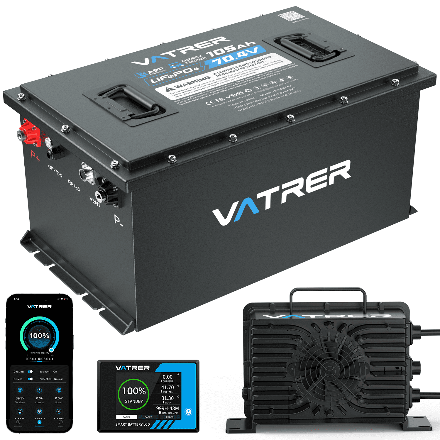 VATRER POWER 72V (70.4V) 105Ah Lithium Golf Cart Battery, Built-in 200A BMS, with Touch Monitor & Mobile APP, 4000+ Cycles LiFePO4 Battery, Max 14.08kW Power Output, Perfect for Golf Carts