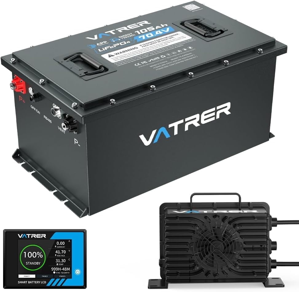 VATRER POWER 72V (70.4V) 105Ah Lithium Golf Cart Battery, Built-in 200A BMS, with Touch Monitor & Mobile APP, 4000+ Cycles LiFePO4 Battery, Max 14.08kW Power Output, Perfect for Golf Carts