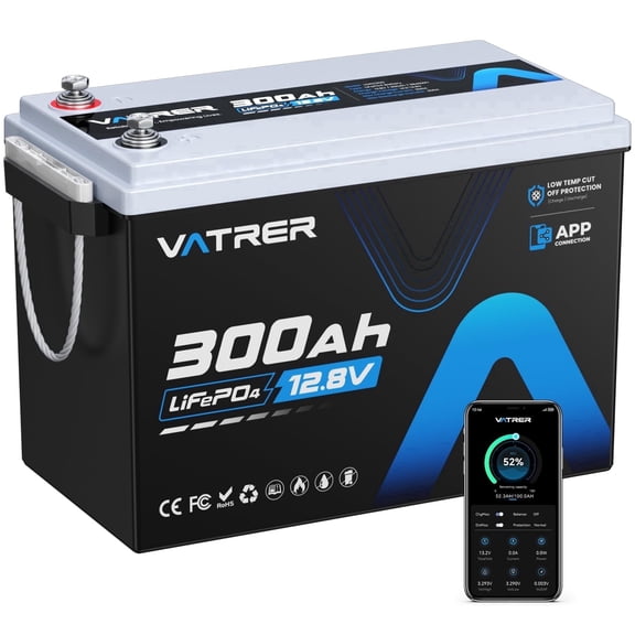 VATRERPOWER 12.8V 300Ah Lithium LiFePO4 Battery with 200A BMS, App Monitoring, 5000+ Deep Cycle Battery for RVs, Off-Grid, Marine, Home Energy Storage