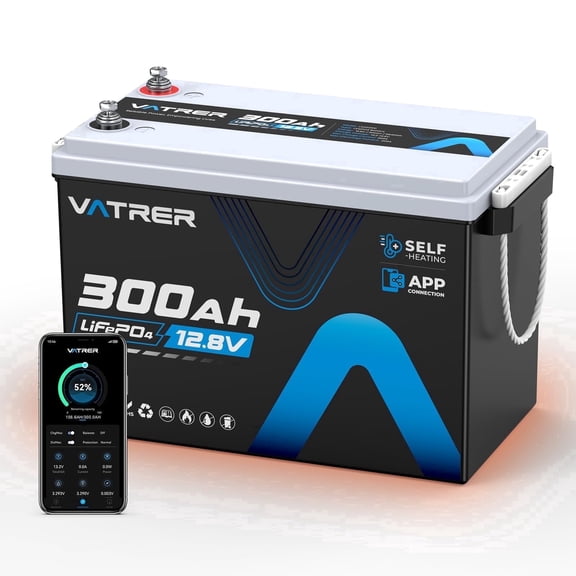 VATRERPOWER 12V(12.8V) 300Ah Self-Heating LiFePO4 Battery with App Monitoring, Low/High Temp Protect, Deep Cycle Battery for Off-Grid, Marine, Camper