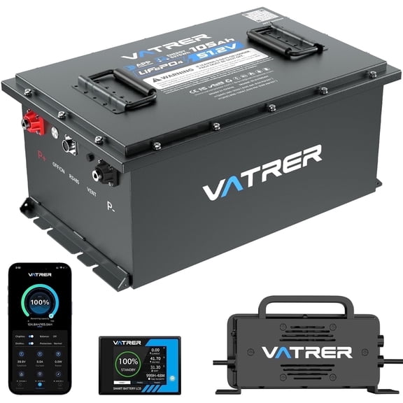 VATRER POWER 48V 105Ah Lithium Golf Cart Battery 200A BMS with LCD Screen, Real-Time Monitoring APP, 4000+ Cycles, 51.2V LiFePO4 Battery for Golf Cart