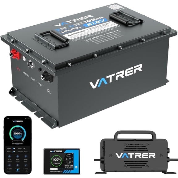 VATRERPOWER 48V 105Ah Lithium Golf Cart Battery with LCD Screen, Real- Time Monitoring APP, 4000+ Cycles, 51.2V LiFePO4 Battery for Golf Cart