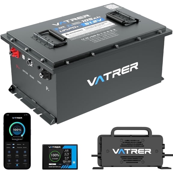 VATRERPOWER 48V 105Ah Lithium Golf Cart Battery with LCD Screen, Real- Time Monitoring APP, 4000+ Cycles, 51.2V LiFePO4 Battery for Golf Cart
