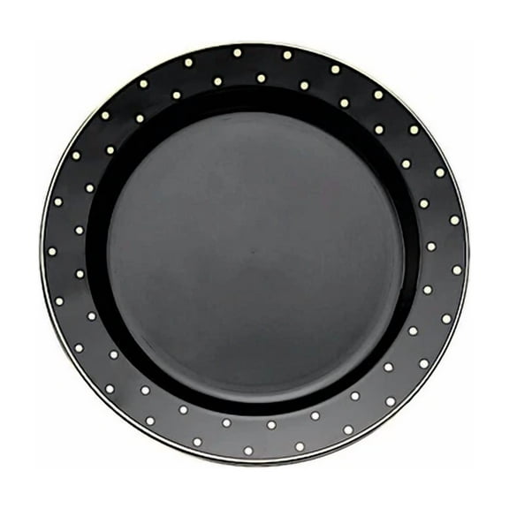 VAULT- 10 Round 10" Black Plastic Dinner Plates With Gold Dotted Rim Party Catering
