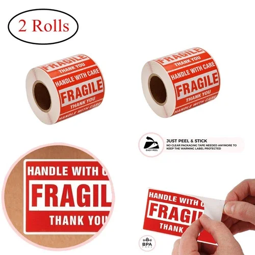VAULT- 2 Rolls 500/Roll 2X3 Fragile Stickers Adhesive Handle With Care Shipping Labels