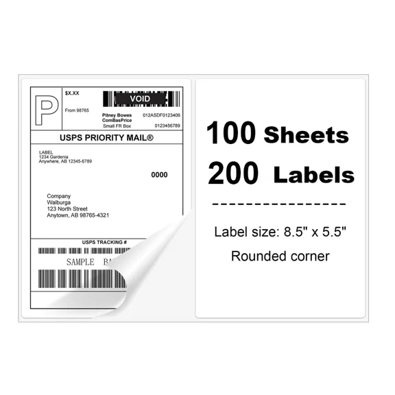 VAULT- 200 Half Sheet Shipping Labels Self Adhesive 8.5" X 5.5" Rounded 2 Per Sheet