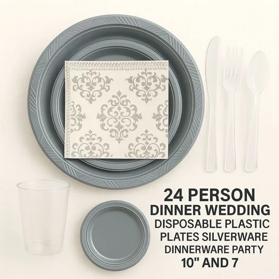 VAULT- 24 Person Dinner Wedding Party Disposable Dinnerware Set Gray Plastic Plates New