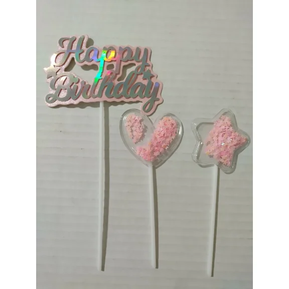 VAULT- 3 Pcs Pink Happy Birthday Heart & Star Cake Topper Girl Party Event