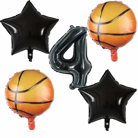 VAULT- Basketball 4Th Birthday Party Balloons Black Orange Number Foil Set Balloons