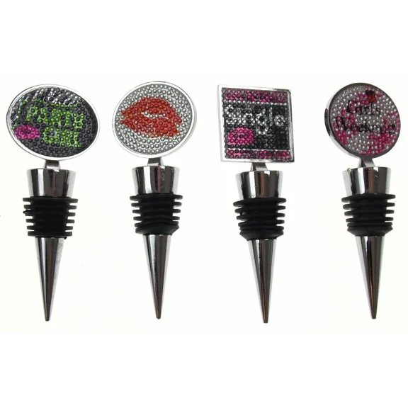 VAULT- Faux Rhinestone Wine Stopper Set 4 Party Girl Lips Girls Weekend Single Sayings