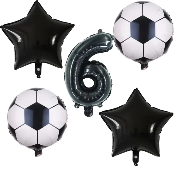 VAULT- Number 6 Soccer Party Balloons Black White Star Foil Birthday Balloons