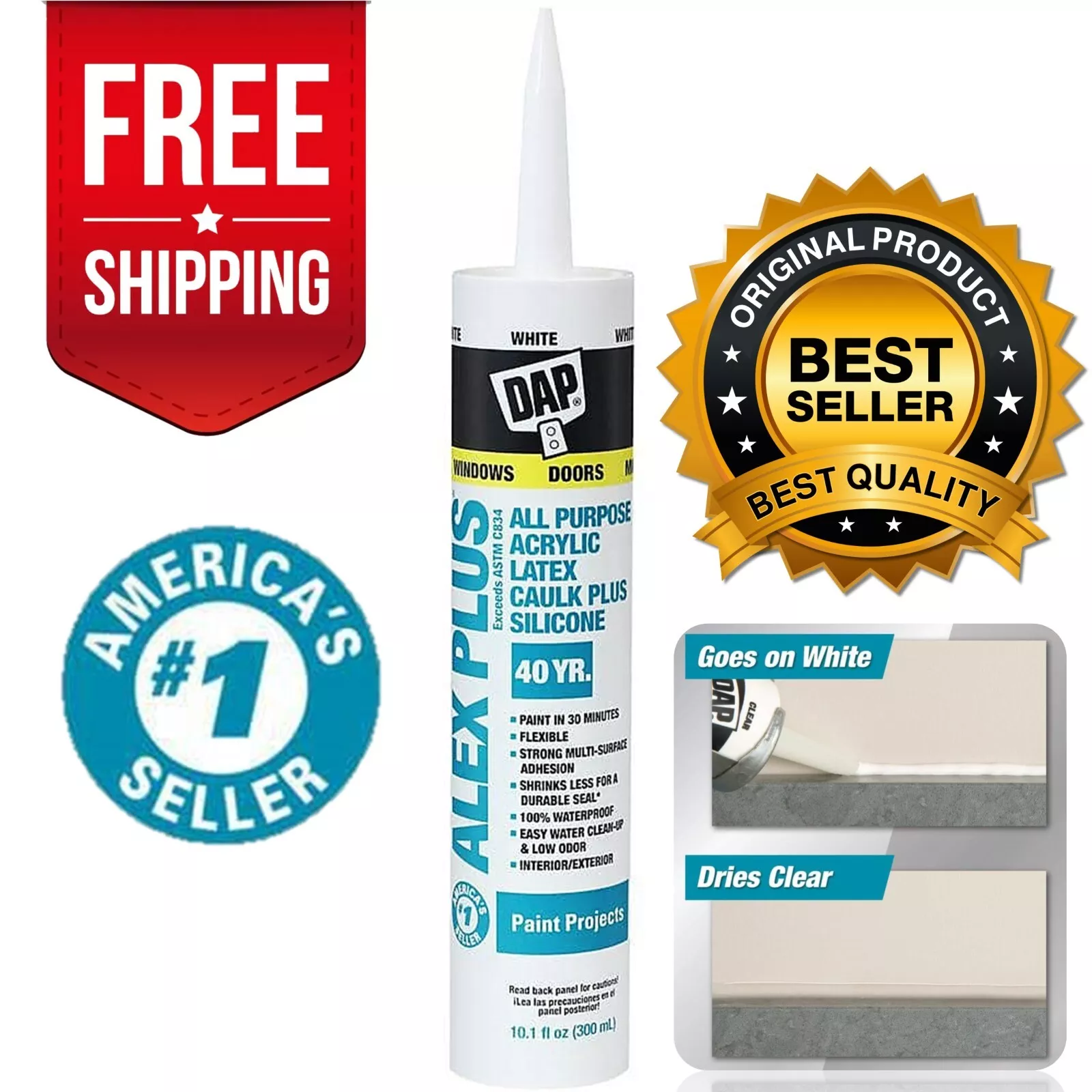 VAULT- Plus Alex Acrylic Latex Caulk Silicone Dap 10.1 Oz Clear Long Lasting