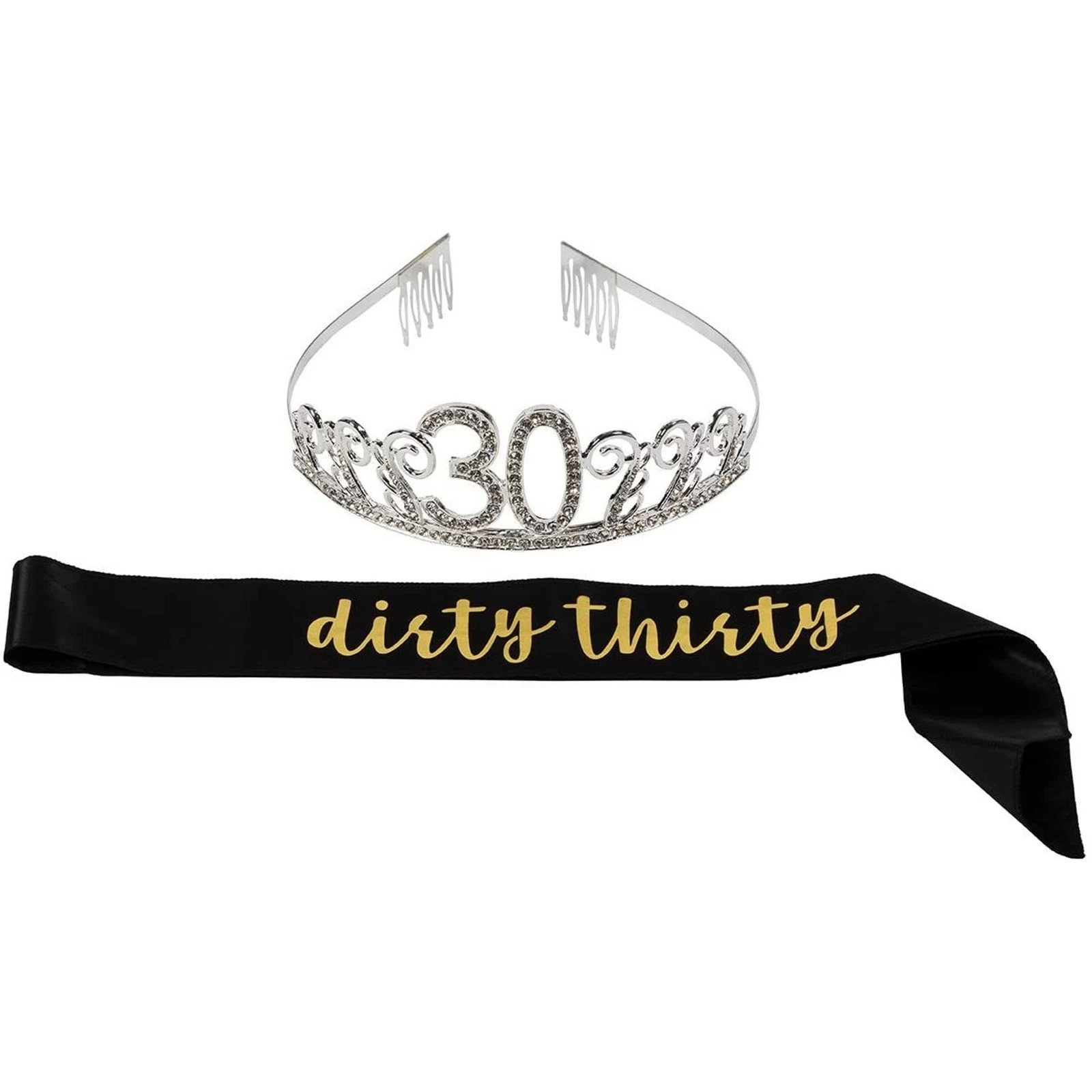 VAULT- Rhinestone Queen Tiara With Dirty Thirty Satin Sash Decoration ...