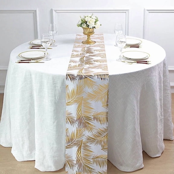 VAULT- White 11X108 In Non Woven Fabric Table Runner Gold Metallic Leaves Print Party