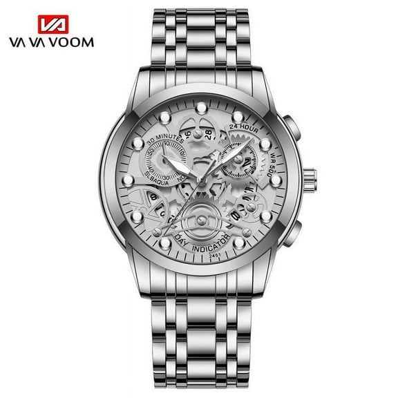 VAVA VOOM Luxurious Business Style 3ATM Waterproof Fashion Stainless Steel Quartz Machine Core Calendar Skeleton DesignMen Wrist Watche