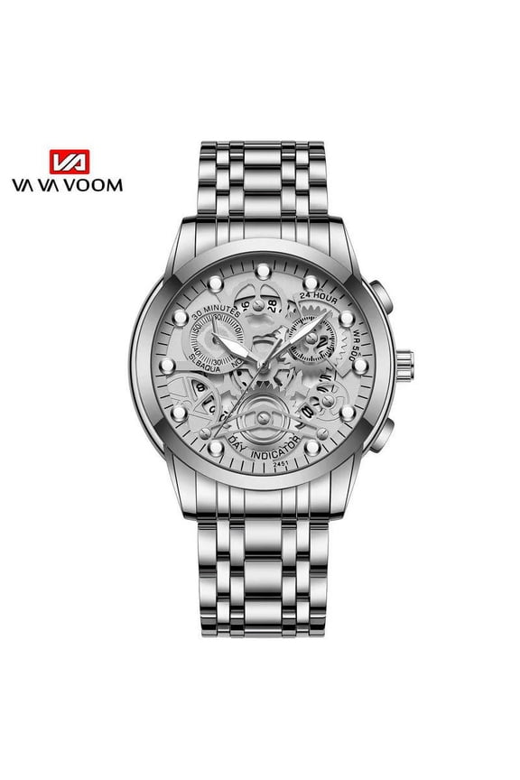 VOOM Luxurious Business Style 3ATM Waterproof Fashion Stainless Steel Quartz Machine Core Calendar Skeleton DesignMen Wrist Watche