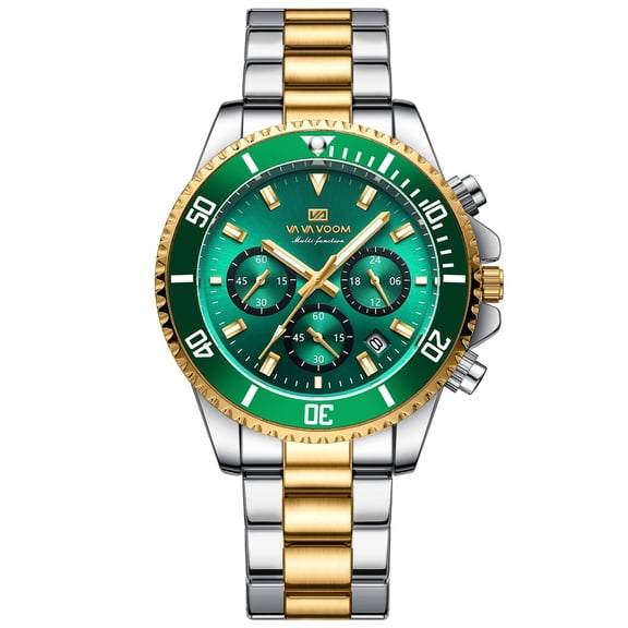 VAVA VOOM Stainless Steel Mens Sports Watch Fashion Green Swimmer Series Multi functional Gold Luxury Gift Box Set Top Grade Quartz Watch