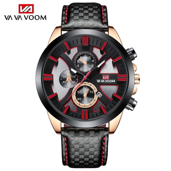VAVA VOOM Top Brand Luxury New Men Sports Watches Fashion Leather Silver Black TOP Calendar Waterproof Quartz Mens Watch Relet Hombrer
