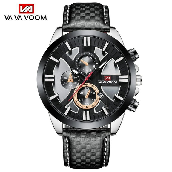 VAVA VOOM Top Brand Luxury New Men Sports Watches Fashion Leather Silver Black TOP Calendar Waterproof Quartz Mens Watch Relet Hombrer
