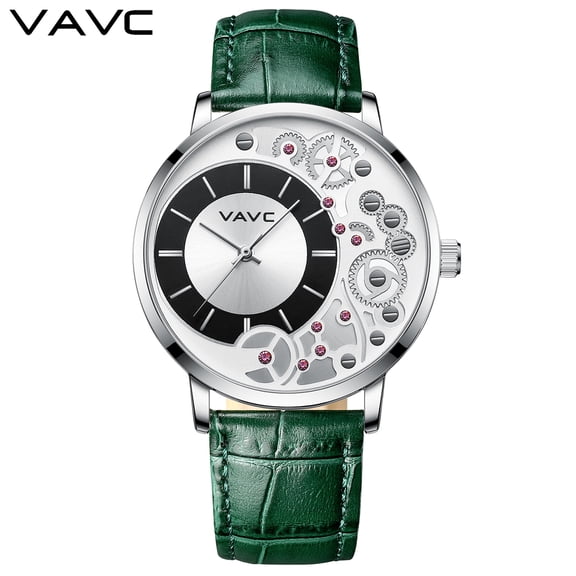 VAVC Women's Vintage 38mm Skeleton Automatic Quartz Watch with Leather Strap Black/Green