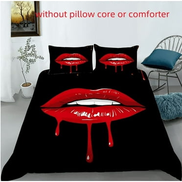 VAVIP Sexy Red Lip 3D Bedding Set， Black Down Duvet and Pillowcase, California King's Bed Full Size