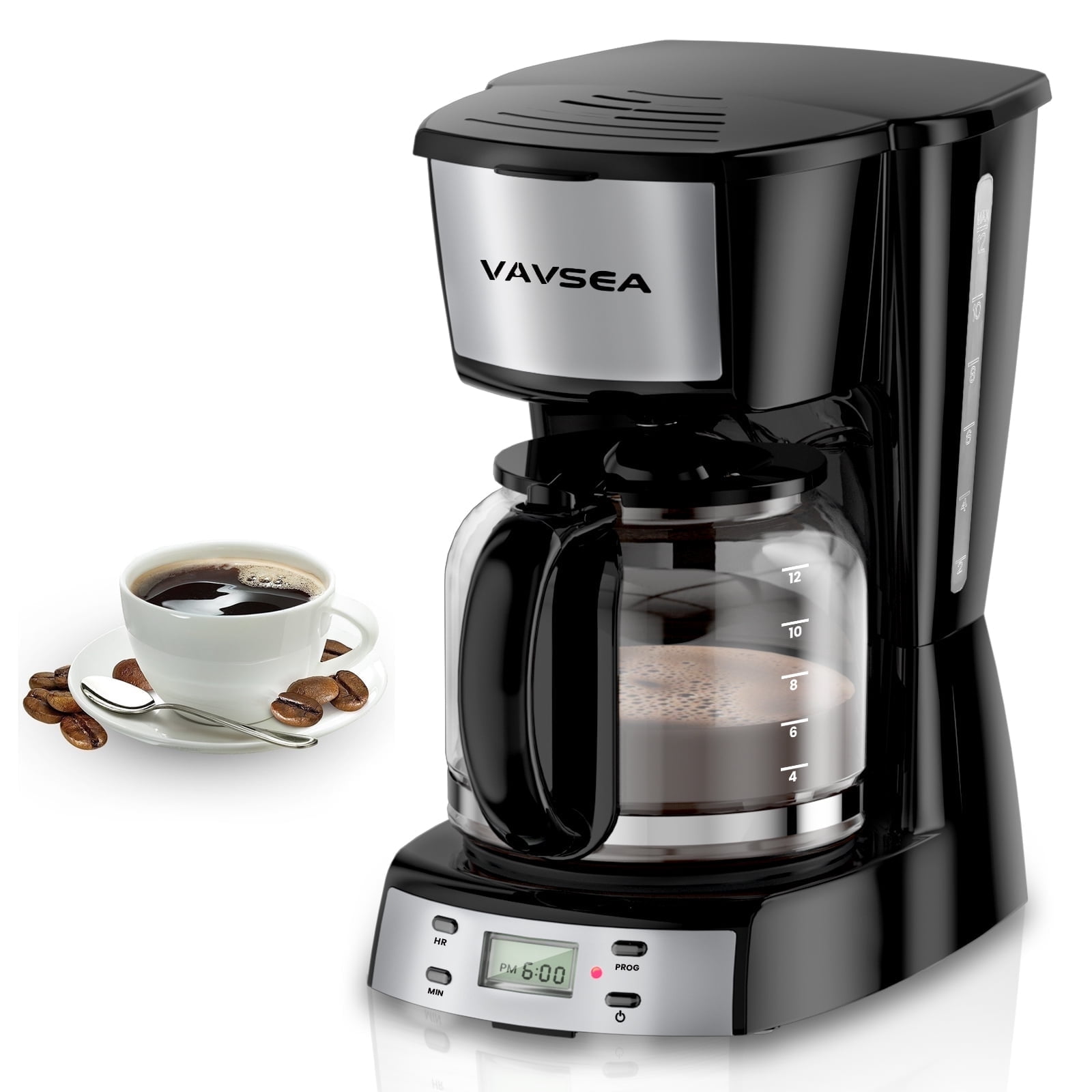 VAVSEA 12 Cup Programmable Coffee Maker, 900W Drip Coffeemaker with Glass Carafe, Auto Shut off, for Home Black