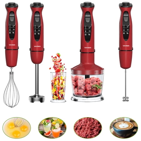 VAVSEA 24-Speed Immersion Blender, 5-in-1 Hand Blender, 1100W Handheld Stick Blender Mixer for Kitchen, Chopper, Beaker, Whisk, Milk Frother, for Baby Food Processor,Red