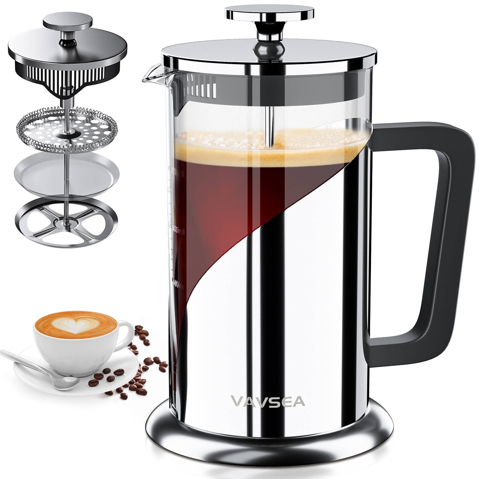 VAVSEA Double Wall French Press Coffee Maker, 35oz Coffee Press with Thicken Borosilicate Glass & 304 Stainless Steel for Travel & Home Use, Dishwasher Safe, Gifts for Mother's Day, Silver
