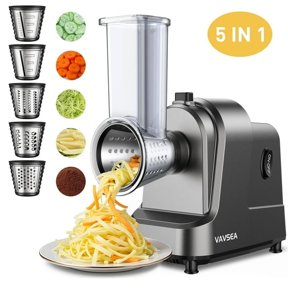 VAVSEA 5-in-1 Electric Cheese Grater, 400W Electric Cheese Shredder with 5 Stainless Blades, Salad Maker with One-Touch Control for Cheese, Vegetables and Fruits, Gifts for Christmas