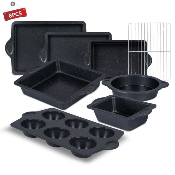 VAVSEA 8Pcs Nonstick Bakeware Sets, Baking Pans Sets with Cookie Sheet, Round/Square Cake Pan, Loaf Pan, Muffin Pan, Roast Pan, Cooling Rack, Carbon Steel Bake Set