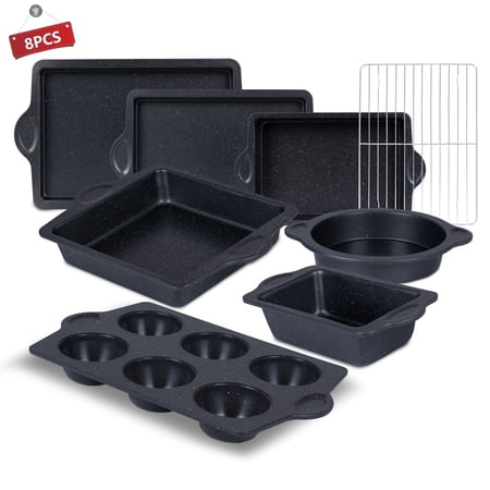 VAVSEA 8Pcs Nonstick Bakeware Sets, Baking Pans Sets with Cookie Sheet, Round/Square Cake Pan, Loaf Pan, Muffin Pan, Roast Pan, Cooling Rack, Carbon Steel Bake Set