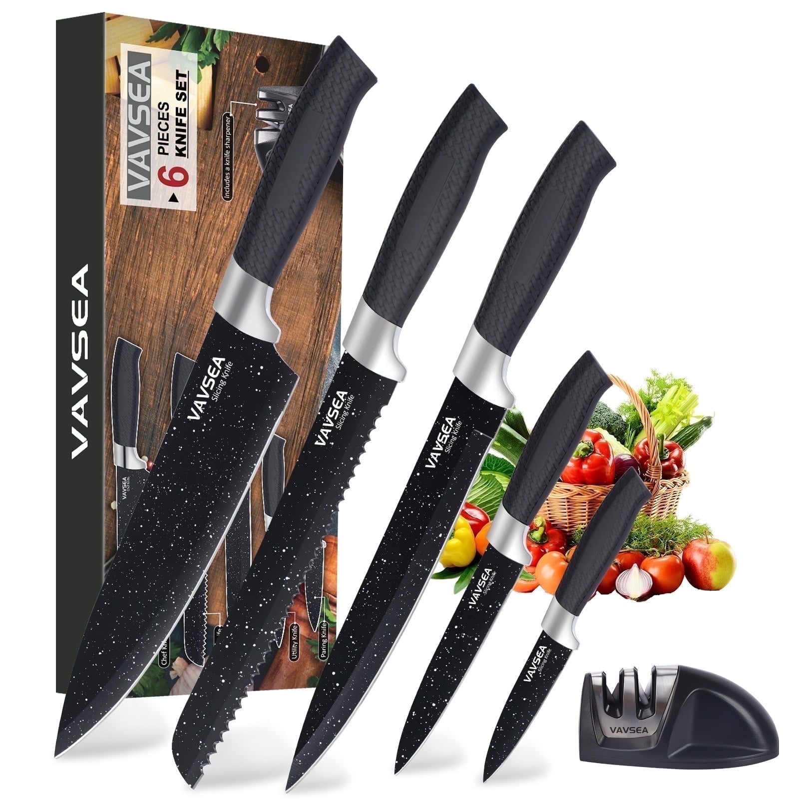 VAVSEA Chef Knife Set, 6Pcs Stainless Steel Kitchen Knife Set with Sharpener, Non-stick Coating, Ultra Sharp, Dishwasher Safe, Gifts for Christmas, Black